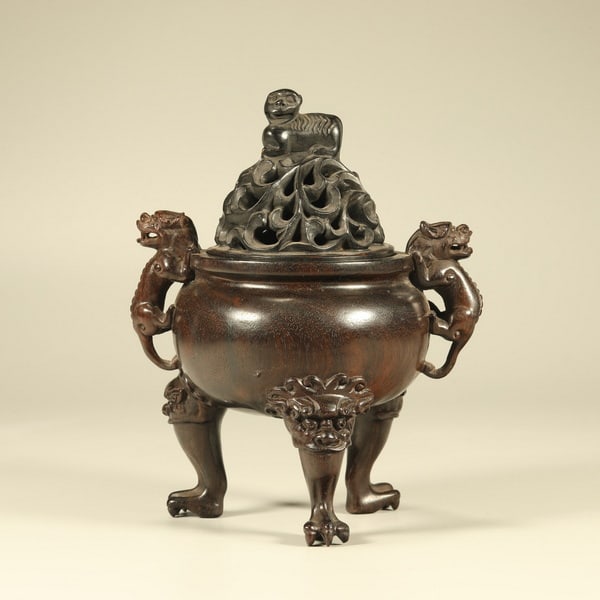 20th centuryRosewood carved lion-shaped knob three-legged incense burner (1 of 6)