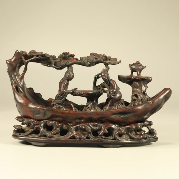 20th centuryYellow rosewood carving of an immortal riding a raft (1 of 6)