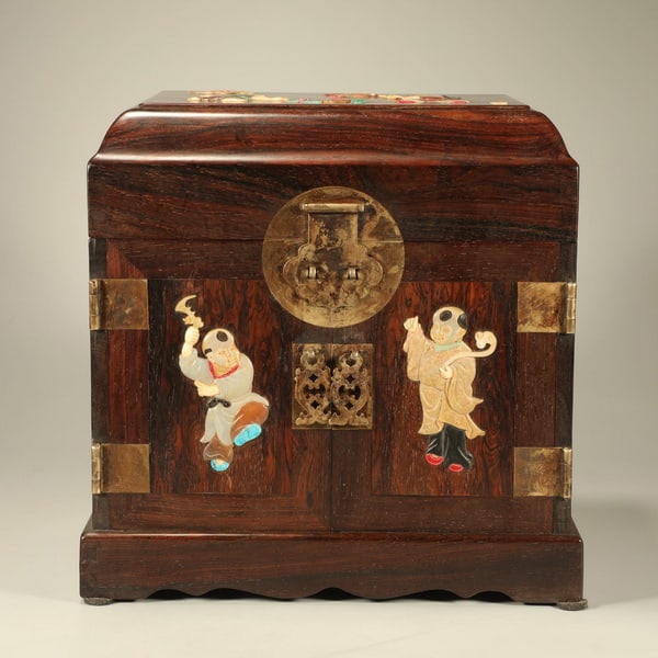 20th centuryYellow rosewood inlaid with precious stones baby playing figure official leather trunk (1 of 7)