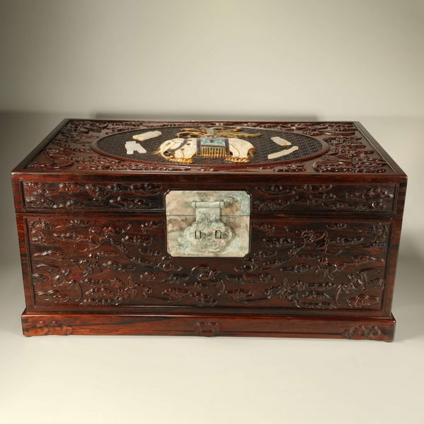 20th centuryYellow rosewood carved with cloud and auspicious pattern, inlaid with Jingdezhen blue (1 of 6)
