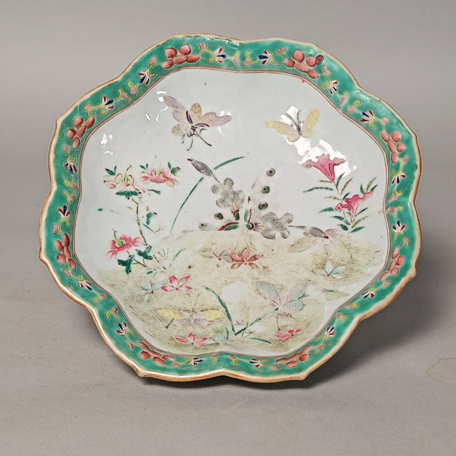 19th century - Powdered-color flower and butterfly high-sided plate (1 of 4)