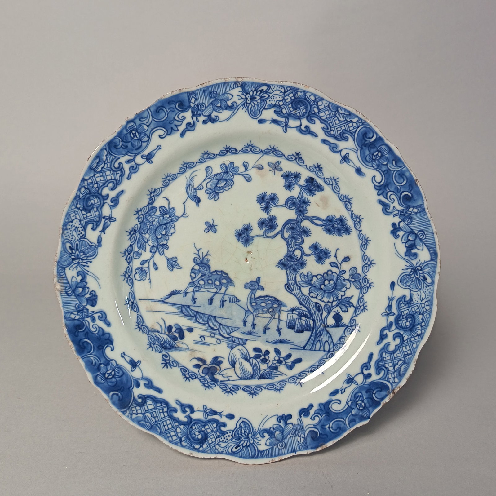 Qing Dynasty (Emperor Qianlong period) Blue and White Porcelain Plate with Pine and Deer Design and (1 of 6)
