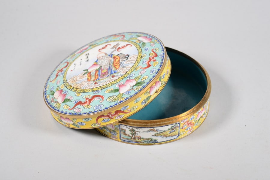 Bronze body painted with enamel - Fu Shou cover box - 3