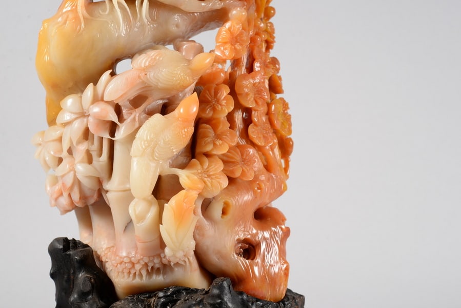 Shoushan stone large display piece with auspicious lotus blossoms blooming on top - 3