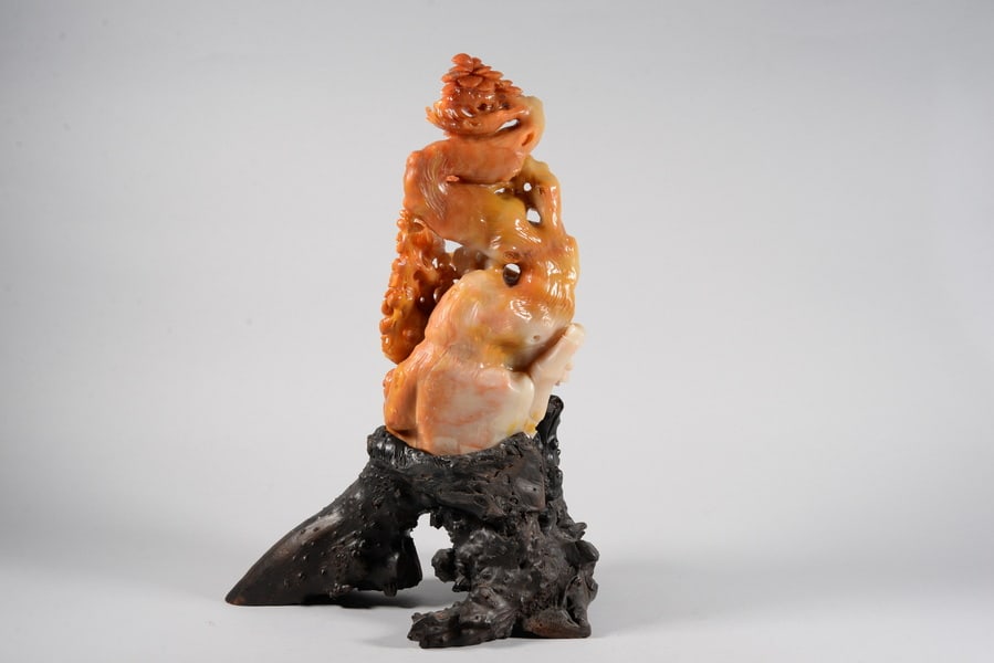 Shoushan stone large display piece with auspicious lotus blossoms blooming on top - 4