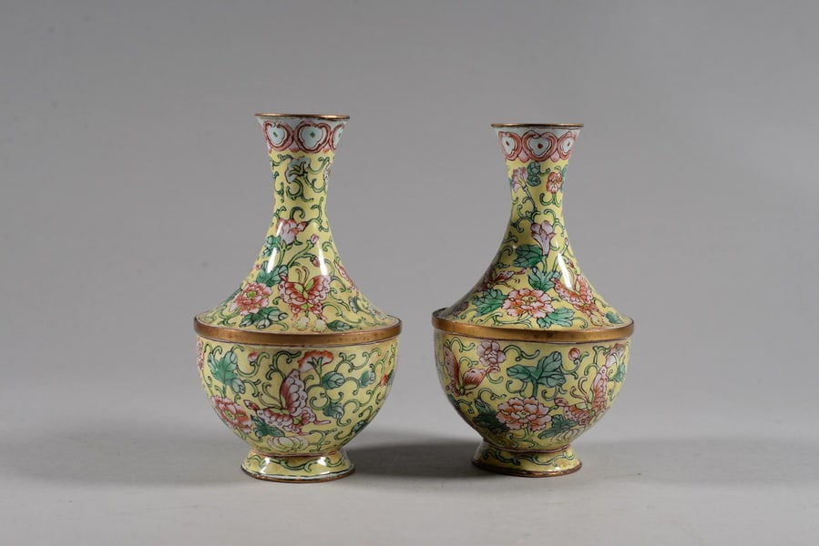 A pair of copper-bodied painted enamel figures bottle - 2
