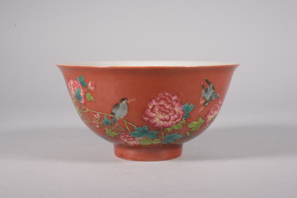 Coral-red enamel-painted flower bowl - 2