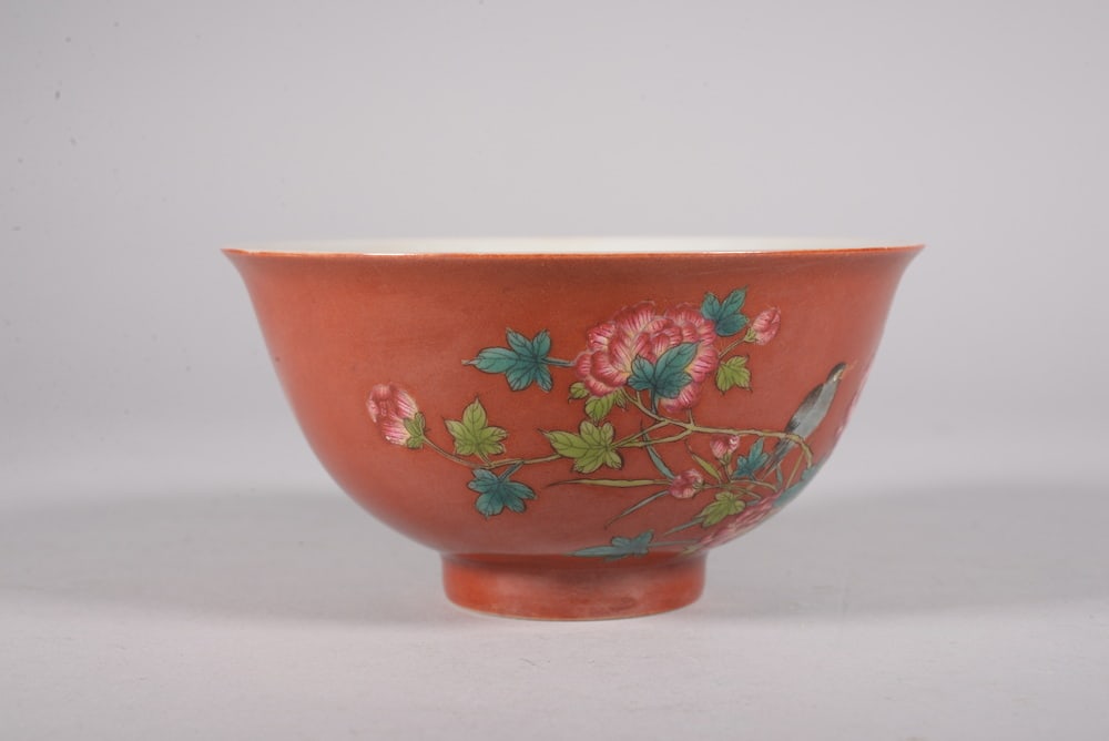 Coral-red enamel-painted flower bowl - 3