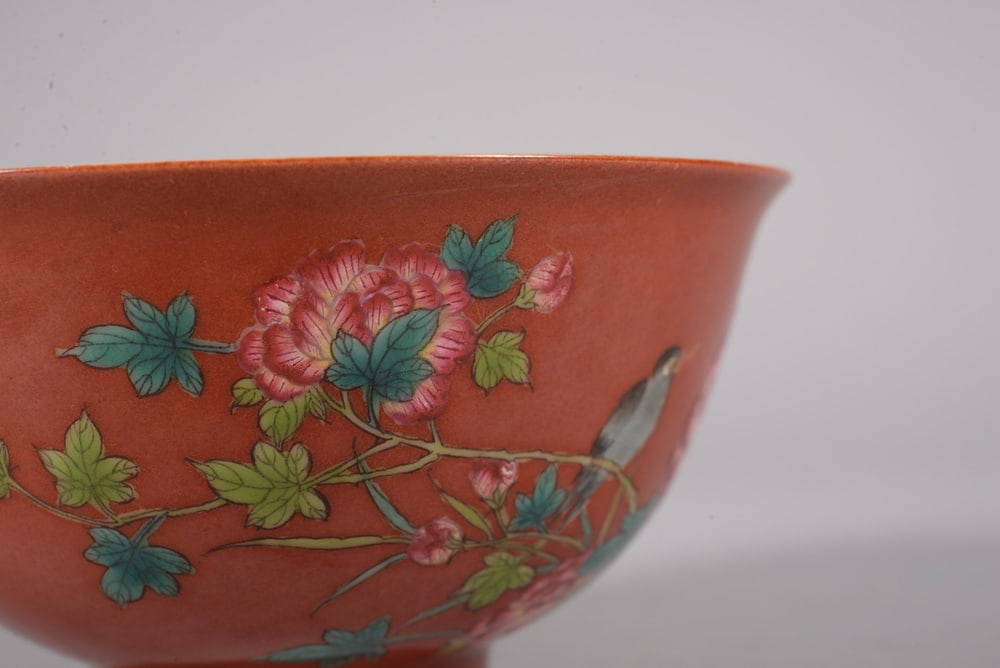 Coral-red enamel-painted flower bowl - 4