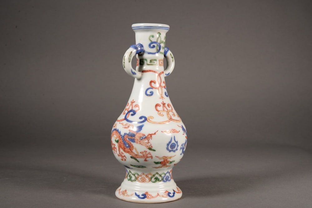 Blue and white multi-color dragon and pearl playing together bottle with dragon-shaped ears - 2