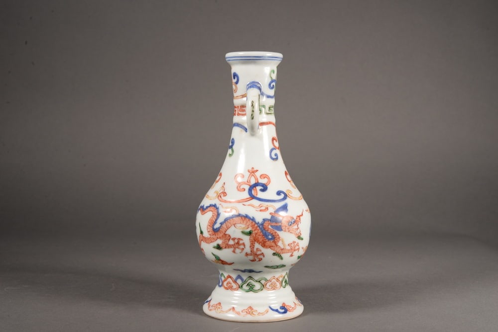Blue and white multi-color dragon and pearl playing together bottle with dragon-shaped ears - 3