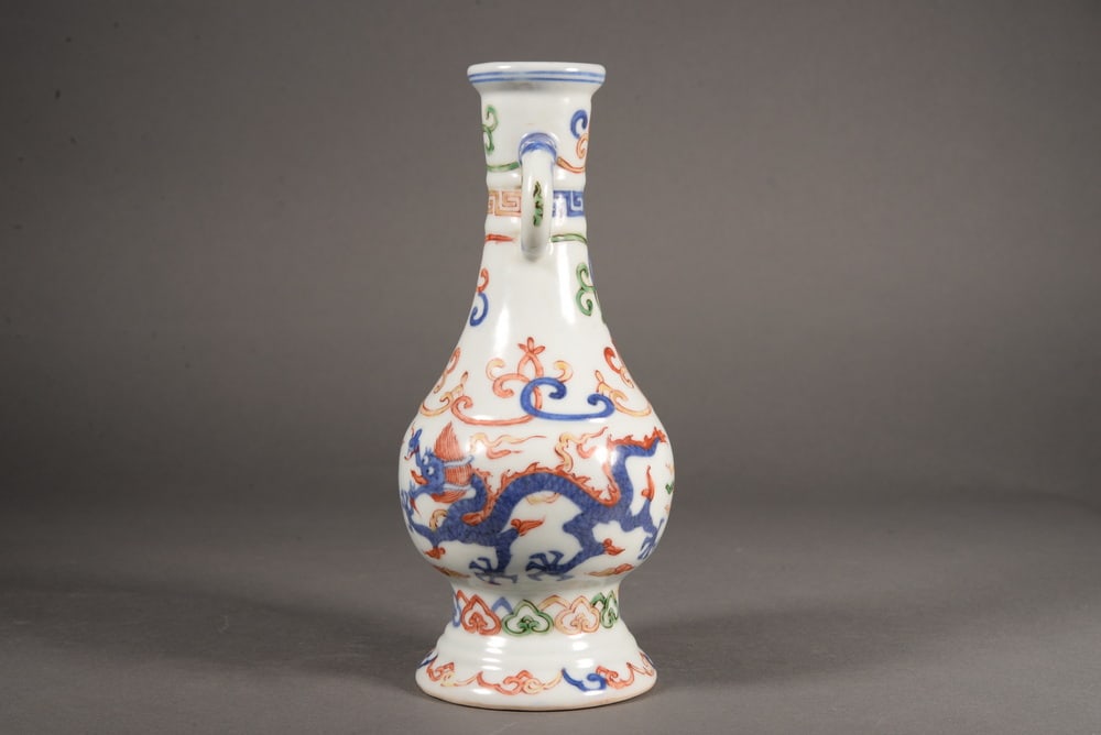 Blue and white multi-color dragon and pearl playing together bottle with dragon-shaped ears - 4