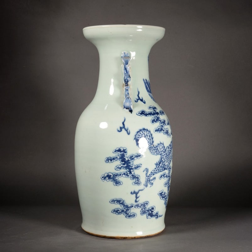Greenish-blue glazed blue-and-white lotus and phoenix pattern double-eared bottle - 2