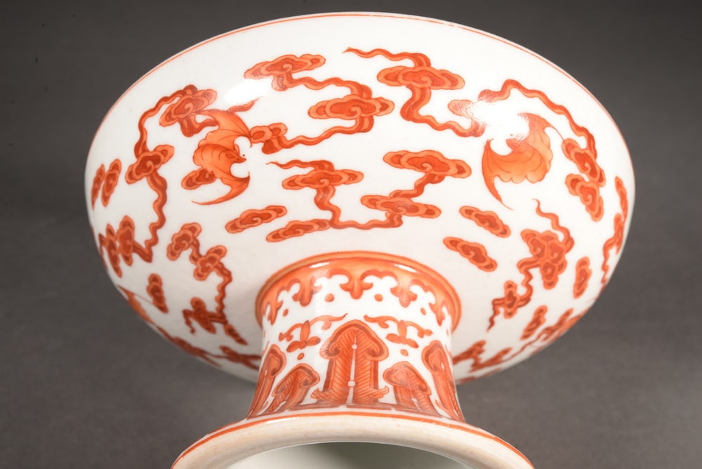 Cinnabar-red gilded floral high-legged plate - 5