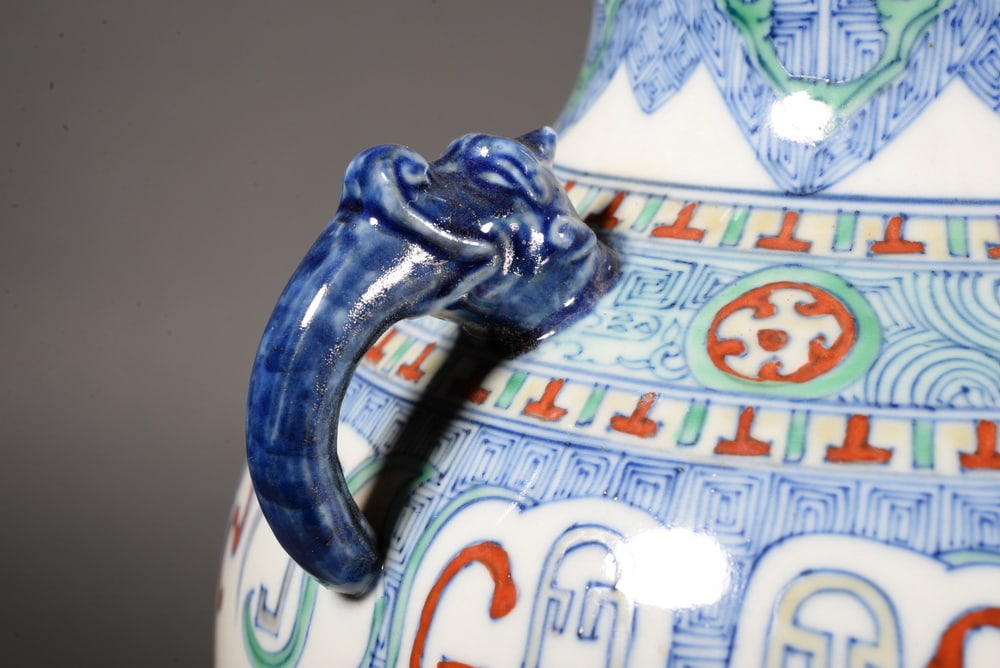 Tri-color glazed dragon-shaped double-eared vessel - 5