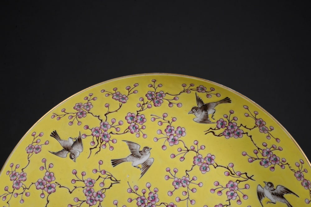 Yellow ground polychrome flower and bird plate - 2