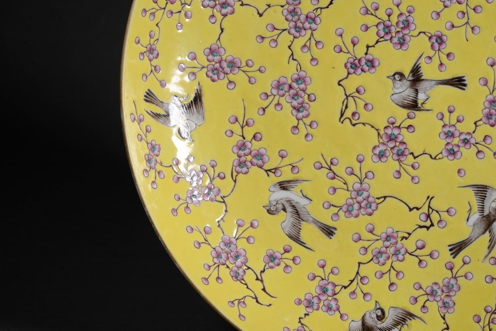 Yellow ground polychrome flower and bird plate - 4