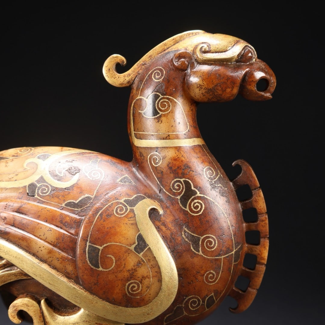 Jade inlaid golden phoenix figurine - 2