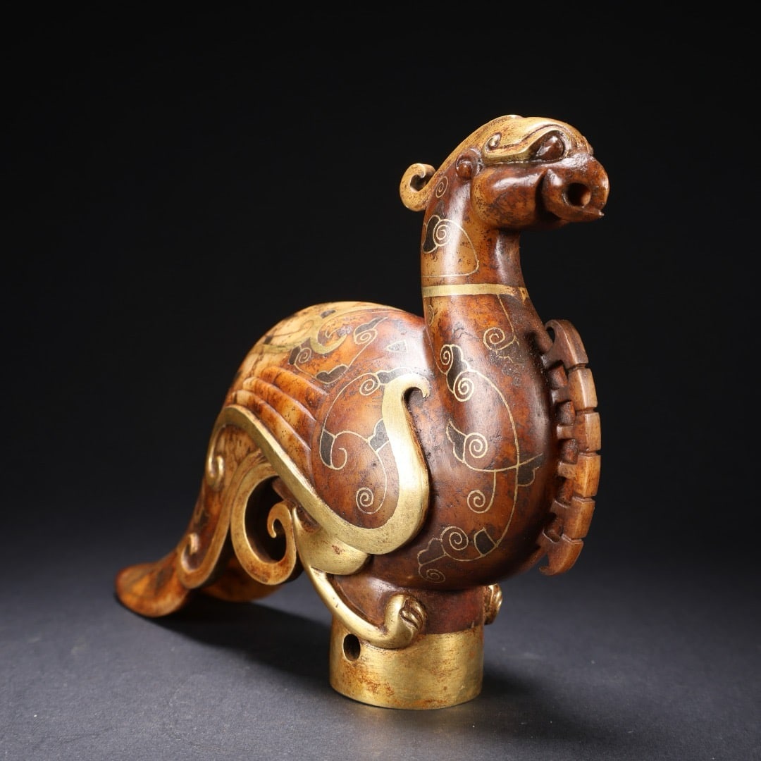 Jade inlaid golden phoenix figurine - 4