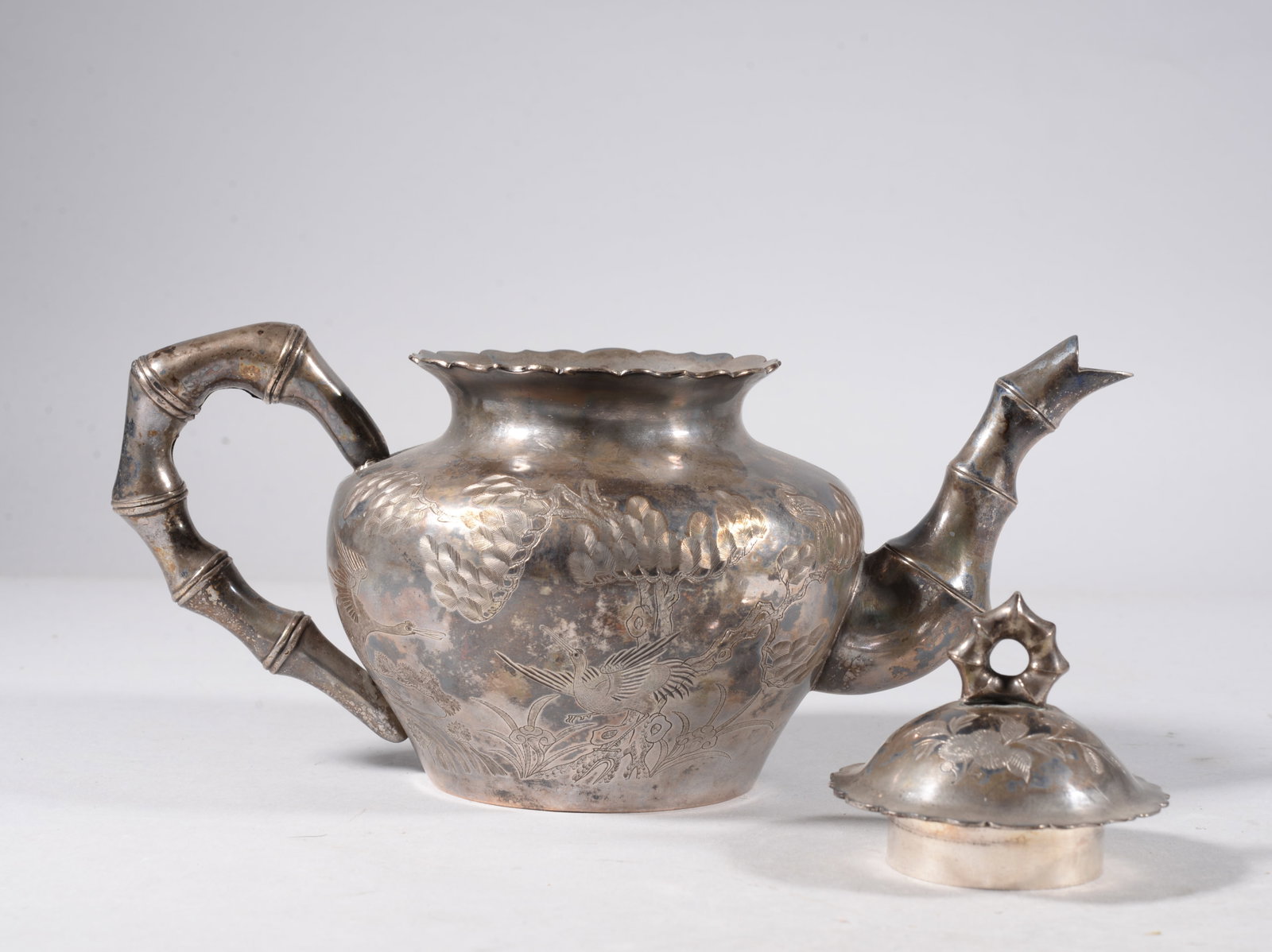 Flower and Bird Pattern Silver Pot - 3