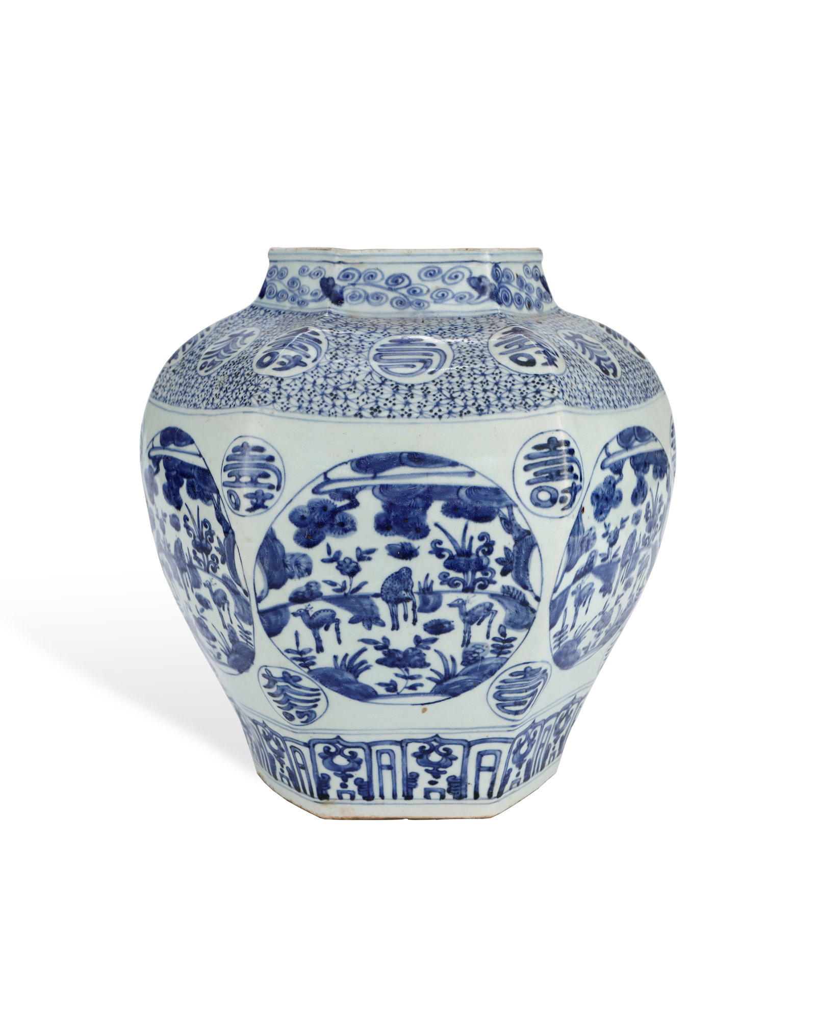 MING JIAJING BLUE AND WHITE MELON RHOMBIC DEER AND CRANE SPRING JAR (1 of 6)