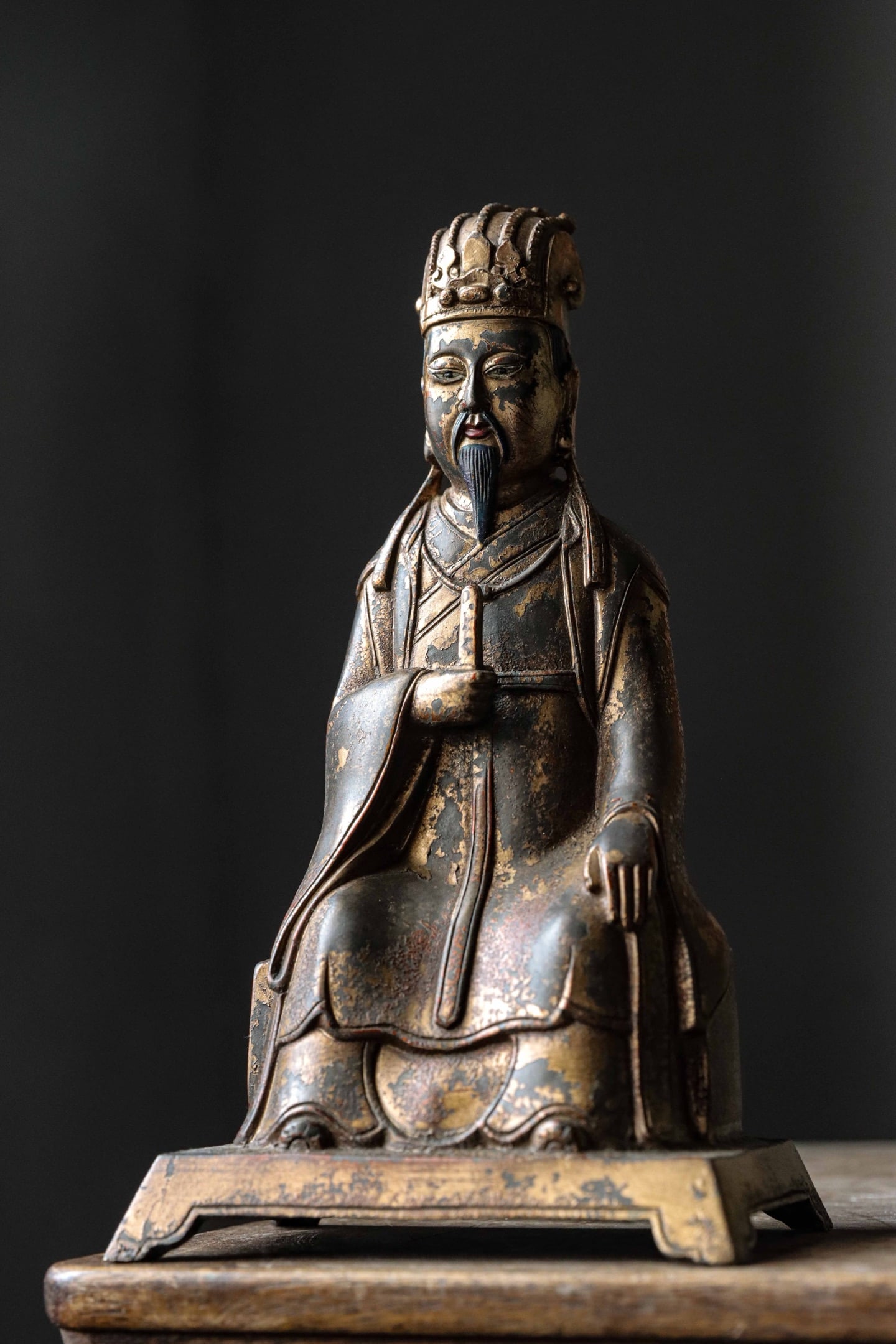 QING DYNASTY BRONZE LACQUERED GOLD SEATED STATUE OF THE TAOIST DEITY WENCHEN (1 of 7)