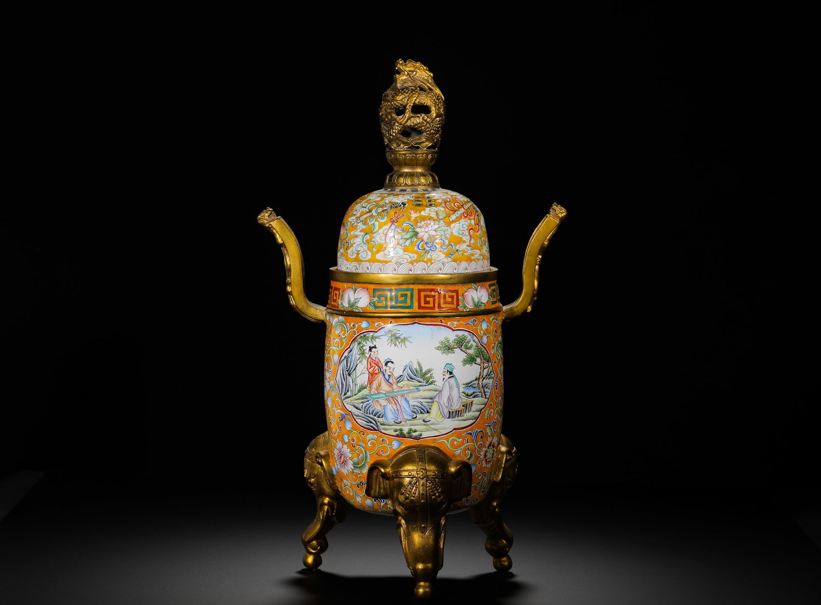 COPPER BODY PAINTED ENAMEL LANDSCAPE FIGURE FOOT INCENSE BURNER: Height:35cm(13.78in) Width:21cm(8.27in) Weight:3100g(6.83lb)Bronze enamel incense censer with elephant-shaped feet and landscape scholar paintings, modeled after Xuande style. Orange-yellow ground ful