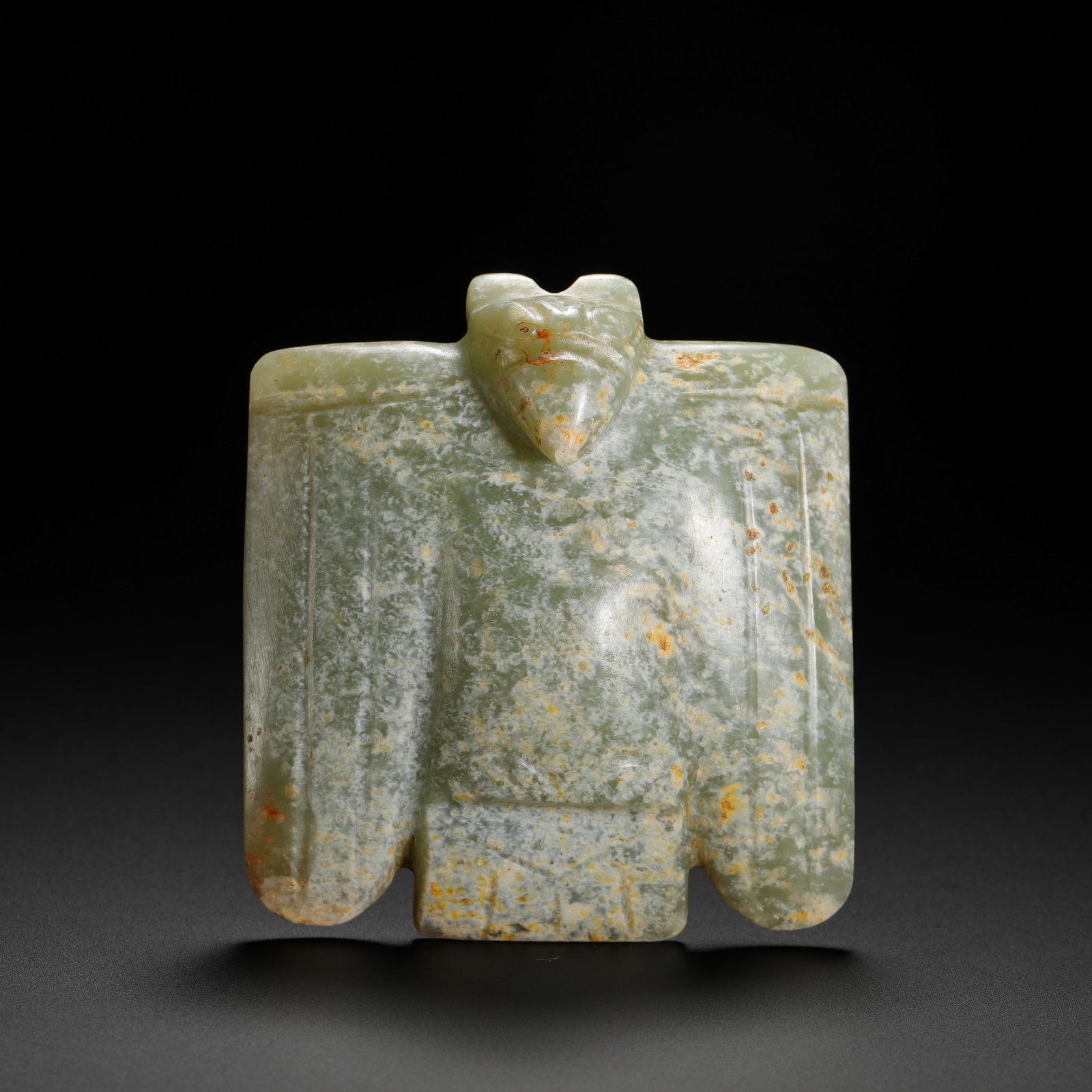 RED MOUNTAIN CULTURE JADE OWL JADE PENDANT: Height:7.5cm(2.95in) Width:6.8cm(2.68in) Weight:140g(0.31lb)Neolithic Hongshan culture cyan jade flat pendant carved as sacred owl totem. Single-piece jade carving with spread wings, grey-white burial
