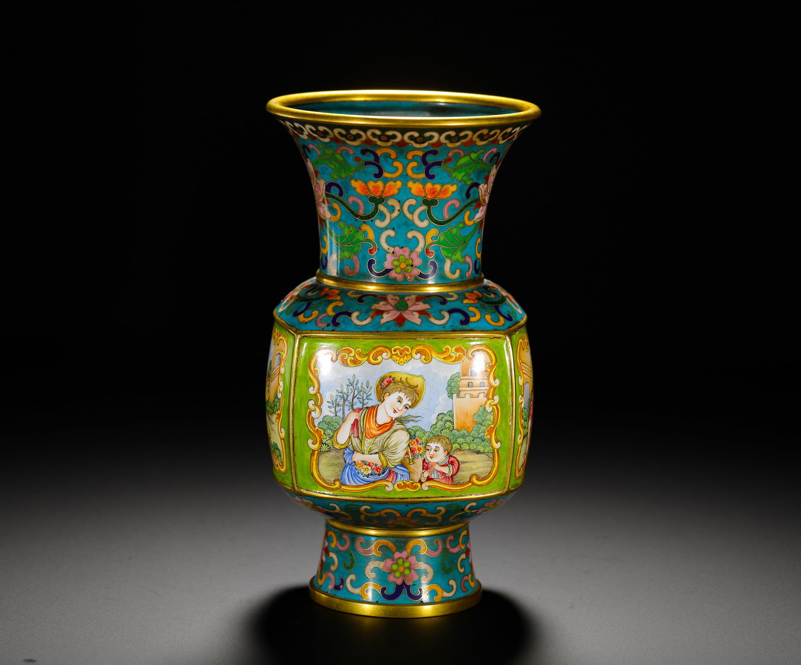 ENAMEL-PAINTED COPPERPLATE BY EMPEROR KANGXI OF THE QING DYNASTY : Height:18cm(7.09in) Width:10cm(3.94in) Weight:710g(1.57lb)Kanglong imperial bronze painted enamel square gu vase with Western figure scenes, fully gilded bronze body, turquoise blue ground covered wit