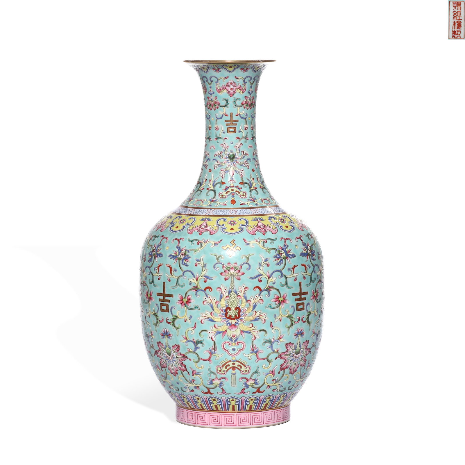 QING DAOGUANG TURQUOISE GREEN LAND PASTEL ENTWINED FLOWER PATTERN VASE: H:34cm