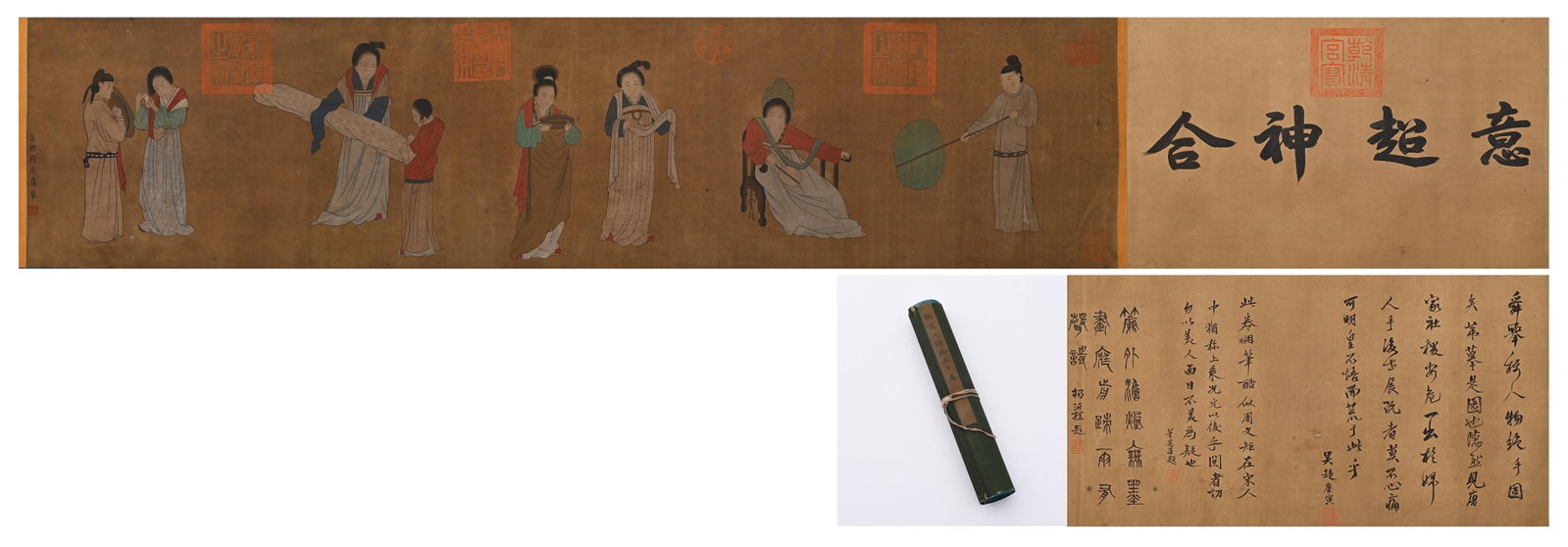SELECTED YUAN QIAN (C. 1239-1300) A FINE BRUSHWORK SCROLL OF LADIES AND FIGURES ON SILK: L:285cm(112.20in) W:33cm(12.99in)Handscroll of court ladies meticulously painted on aged silk by Qian Xuan, depicting noble ladies playing qin, unrolling scrolls and holding fans in elegant muted pigm