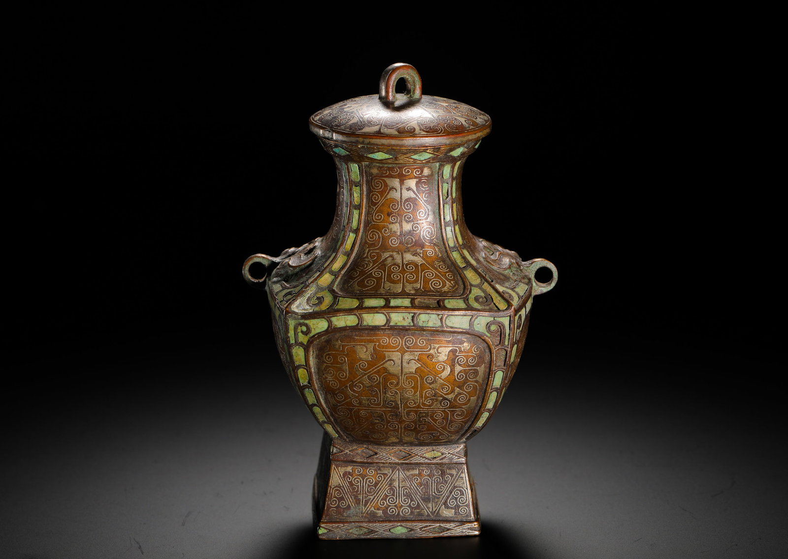 BRONZE WITH SILVER INLAID TURQUOISE SQUARE POT FROM THE WARRING STATES PERIOD