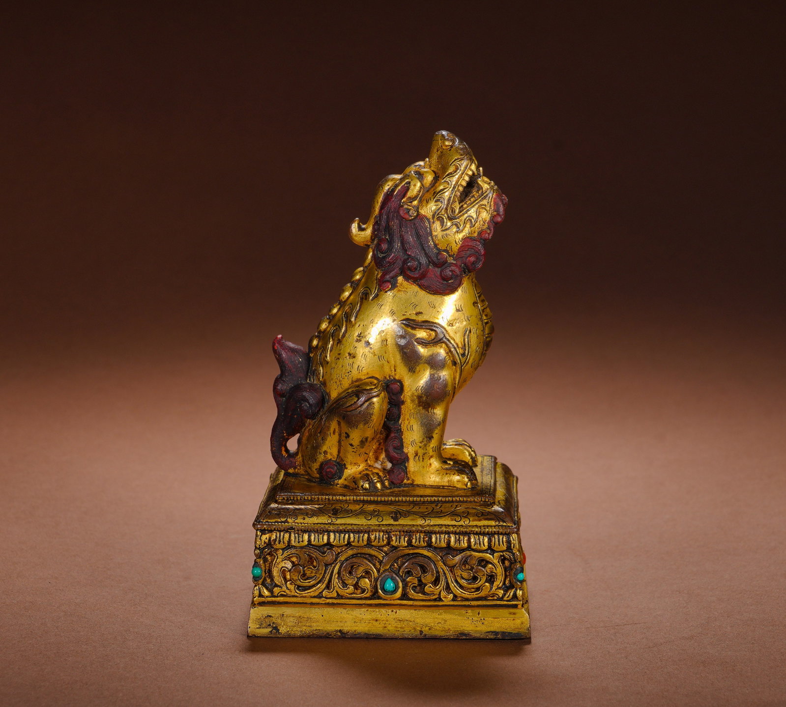 BRONZE GILDED PAINTED SNOW LION ORNAMENT OF THE QING DYNASTY