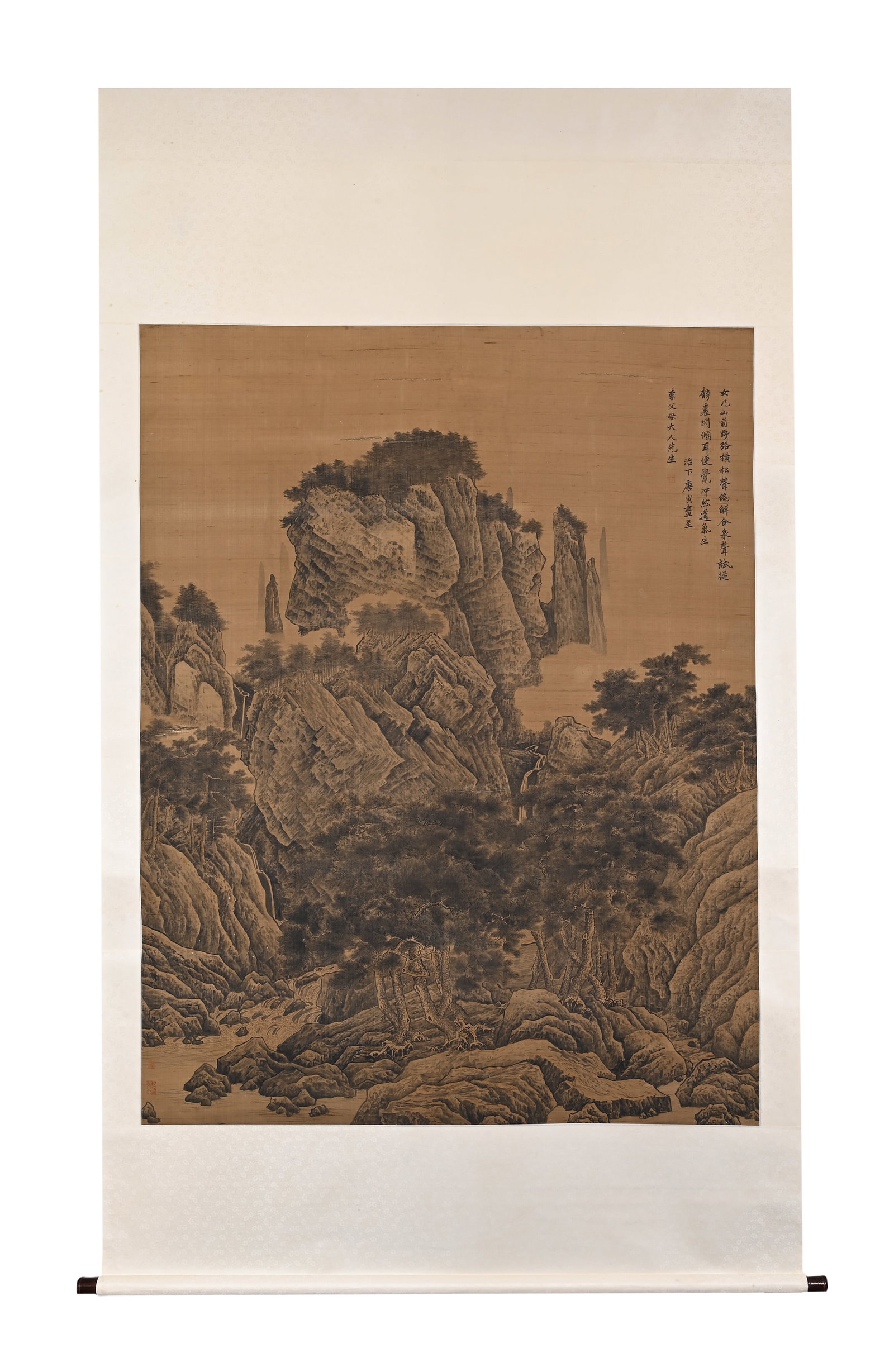 MING DYNASTY TANG YIN (1470-1524) SILK INK LANDSCAPE SCROLL