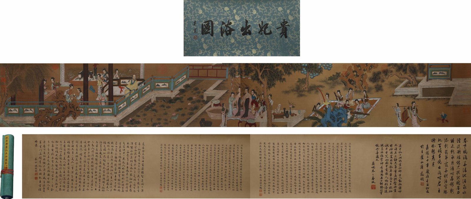 QIU YING OF THE MING DYNASTY (C. 1498-1552), "THE PICTURE OF A CONCUBINE EMERGING FROM THE BATH": L:450cm (177.17in) W:360cm (141.73in)Mounting: Complete vintage handscroll wrapped in pale green patterned silk, with yellow silk label inscribed "Handscroll of Noble Consort Bathing painted by Qiu Yi