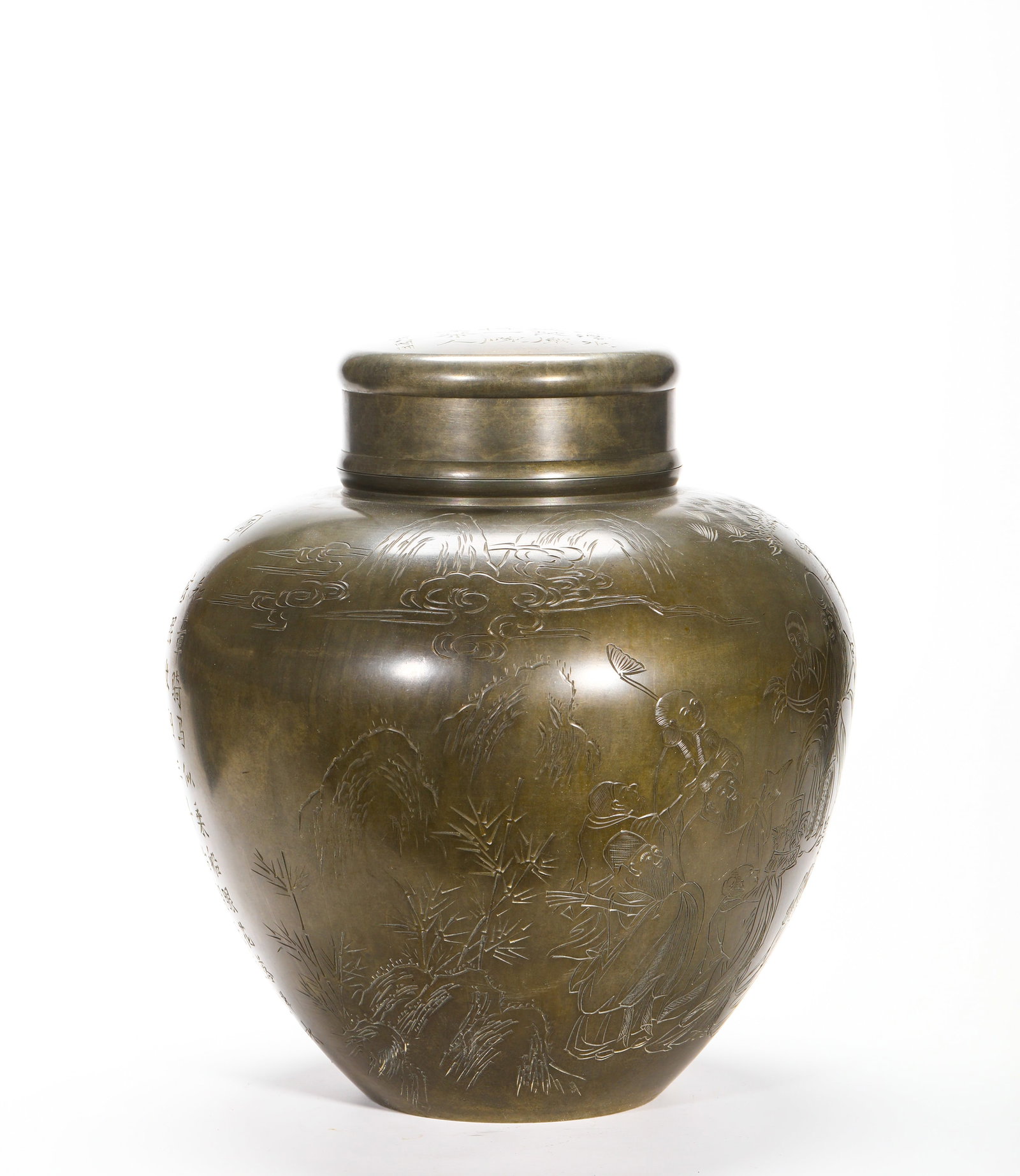 TIN TEA CANISTER ENGRAVED WITH LANDSCAPE AND FIGURE POEMS OF THE QING DYNASTY: Height:28cm(11.02in) Diameter:25.5cm(10.04in) Weight:3660g(8.07lb)