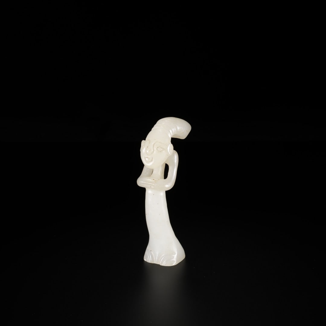 HAN HETIAN JADE OFFICIAL PENDANT: Length: 1.8cm(0.71in), Width: 1.7cm(0.67in), Height: 7cm(2.76in), Weight: 27g(0.060lb)Carved from fine white Hetian nephrite. The jade figure wears traditional ancient official headdress, with facial 