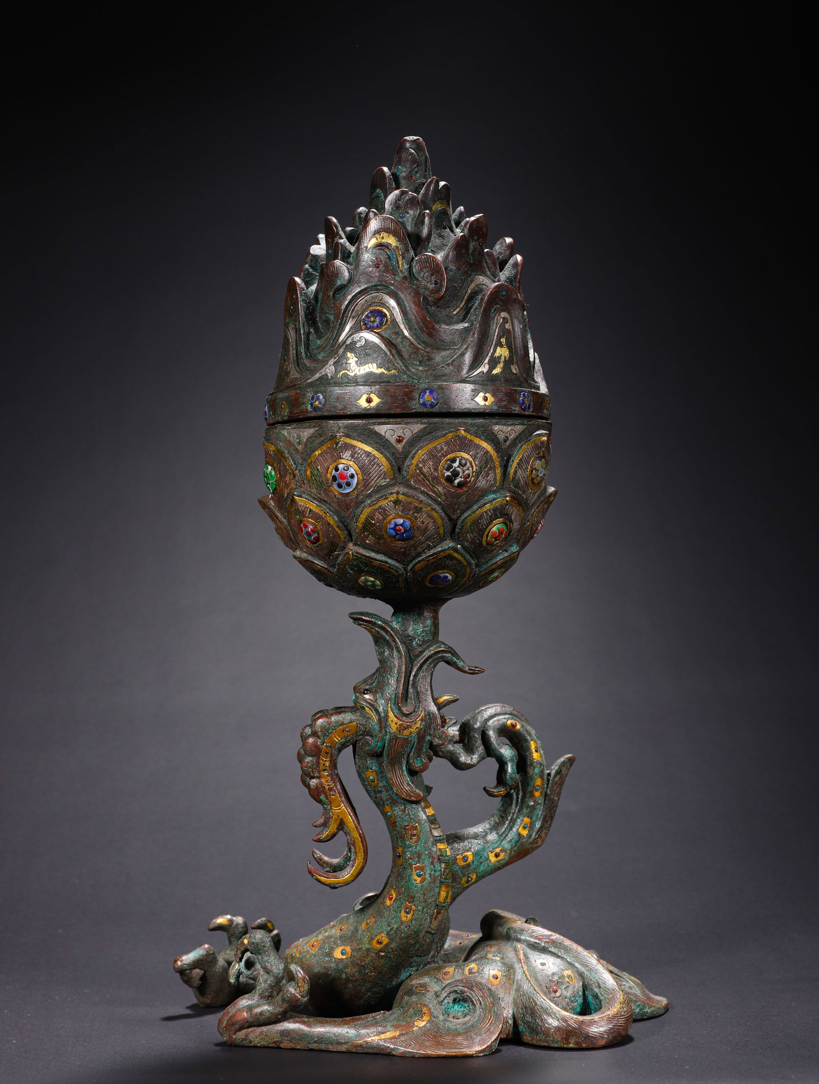 HAN DYNASTY COPPER CUO GOLD AND SILVER BOSHAN INCENSE BURNER: H: 33cmW: 17cmWeight: 2790g