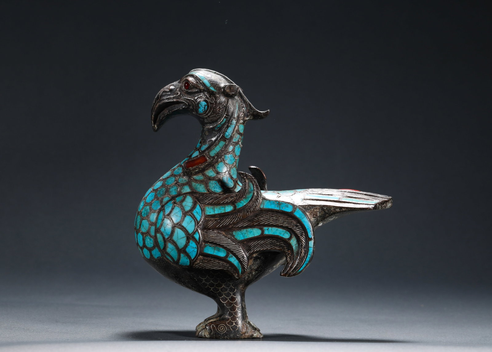 HAN DYNASTY COPPER CUO GOLD AND SILVER INLAID TURQUOISE AUSPICIOUS BIRD: H: 12cmW: 12cmWeight: 475g