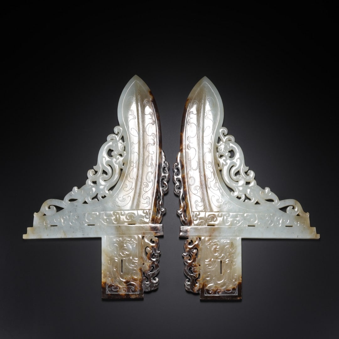 A PAIR OF DRAGON AND PHOENIX JADE HALBERDS CARVED THROUGH HAN HETIAN JADE (1 of 9)