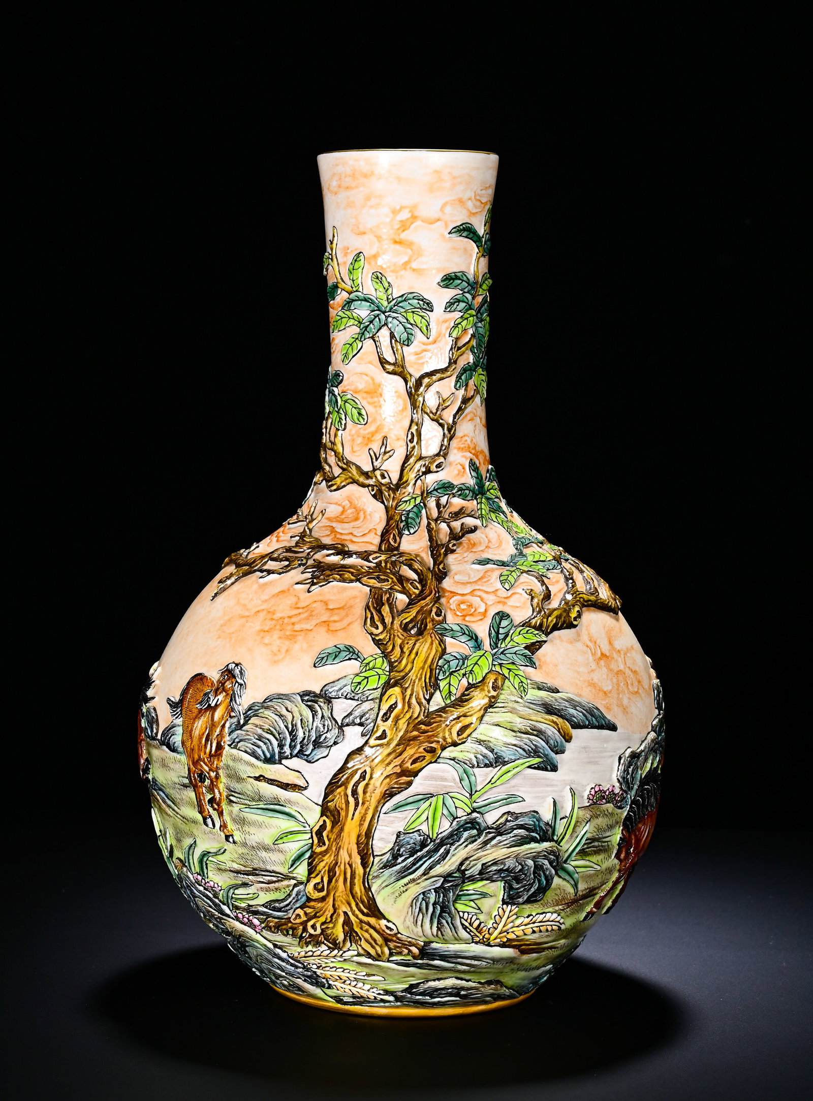 A QING DYNASTY QIANLONG RELIEF PASTEL EIGHT HORSES CELESTIAL SPHERE VASE: Height: 32cm(12.60in), Diameter: 19cm(7.48in)Celestial?sphere vase with straight mouth, long neck and large globular body, gilded foot?rim. The whole surface is decorated in high?relief: gnarled ancie
