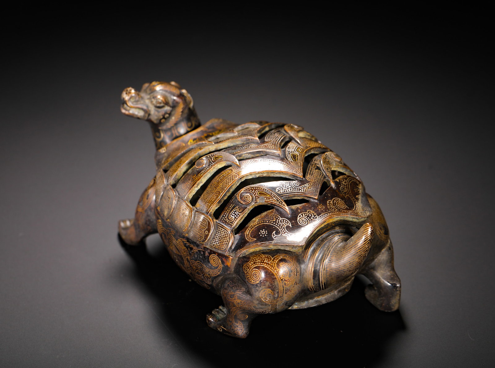 HAN DYNASTY COPPER INLAID GOLD BLACK TORTOISE HOLLOWED-OUT INCENSE BURNER (1 of 12)