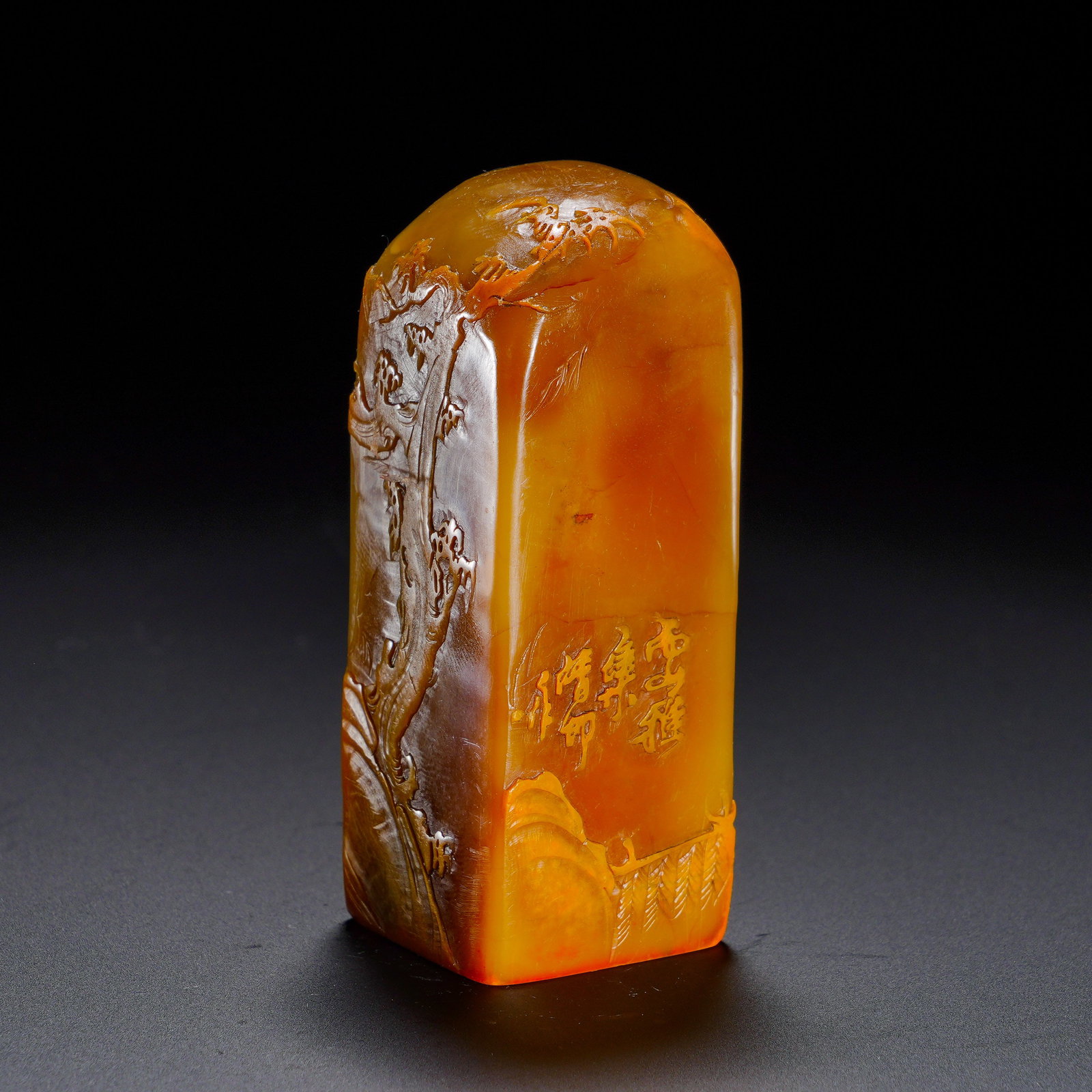 QINGSHOUSHAN TIANHUANG THIN AND FEEBLE WITHERED WOOD LANDSCAPE SQUARE SEAL: Height: 7.8cm(3.07in), Width: 3cm(1.18in), Weight: 172g(0.379lb)Carved from Qing?period Shoushan Tianhuang stone, this square seal possesses fine dense greasy texture and honey?golden tone with rich s