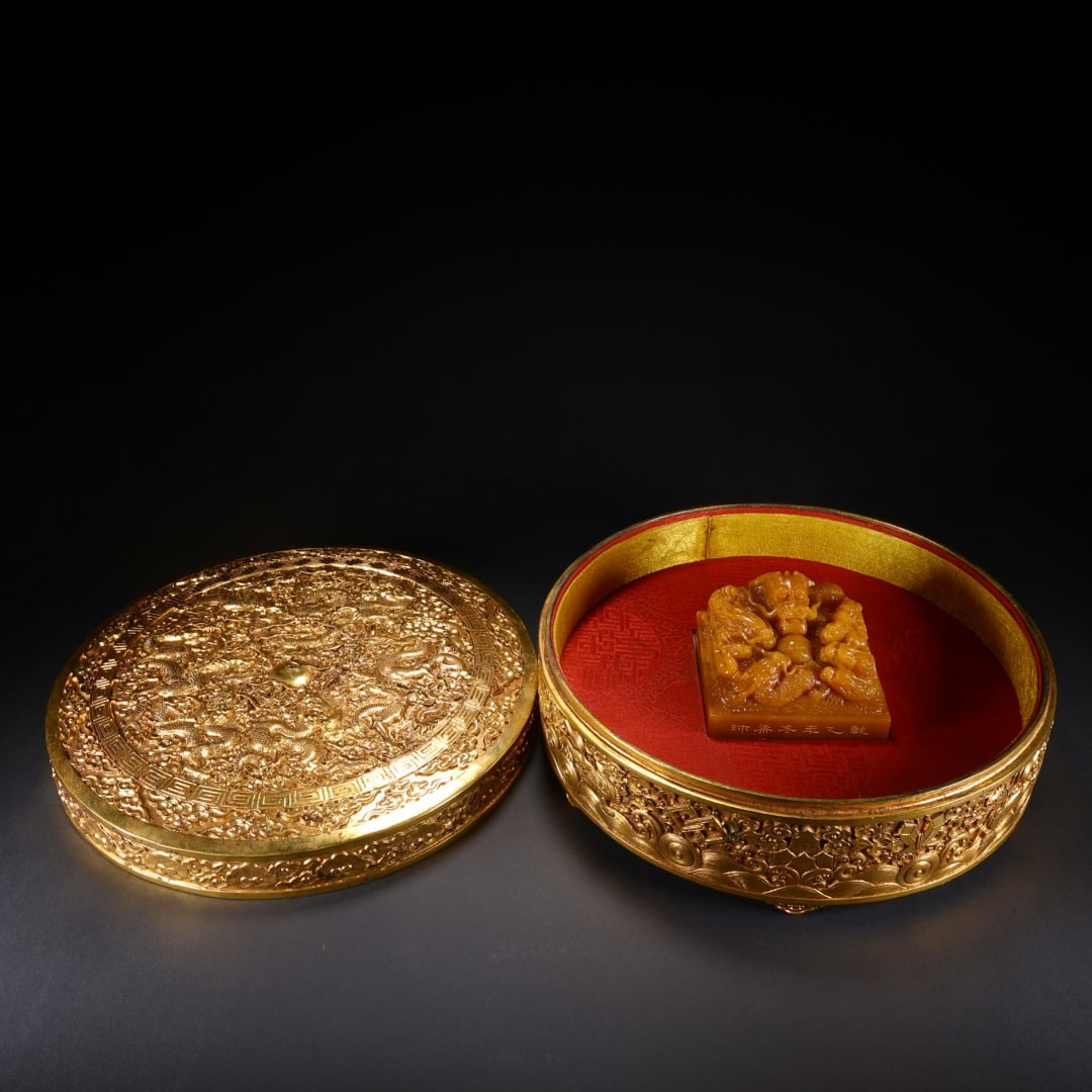 QING DYNASTY SHOUSHAN STONE DRAGON SEAL "THE TREASURE OF EMPEROR TAISHANG" IMPERIAL SEAL: Length: 8.5cm(3.35in), Width: 8.5cm(3.35in), Height: 6cm(2.36in), Weight: 765g(1.687lb)Carved from Shoushan stone with warm golden?yellow tone and smooth texture. The knob is high?relief carved with a