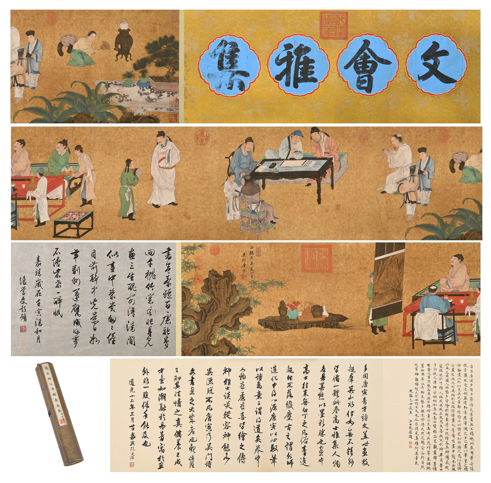 TANG YIN OF THE MING DYNASTY (1470-1524) PAINTED A SCROLL DEPICTING THE ELEGANT GATHERING OF THE: Long: 553cm(217.72in), Width: 36.8cm(14.49in)Handscroll Literati Elegant Gathering, attributed to Tang Yin, heavy colour on silk.Imperial frontispiece title Literati Elegant Gathering. The scroll depi