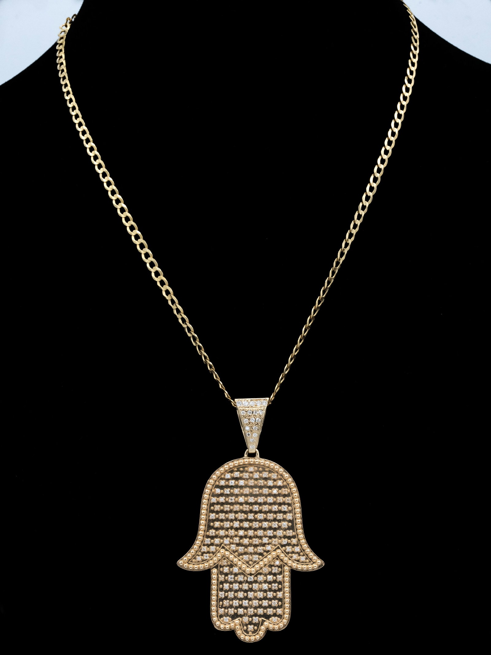 14K Yellow Gold 2.20 CTW Diamond Hamsa Pendant Necklace, F Color, VS1 Clarity: A substantial 14 karat yellow gold diamond Hamsa pendant necklace, featuring an openwork Hamsa design accented throughout with round brilliant-cut diamonds. The pendant and diamond-set bail contain ap