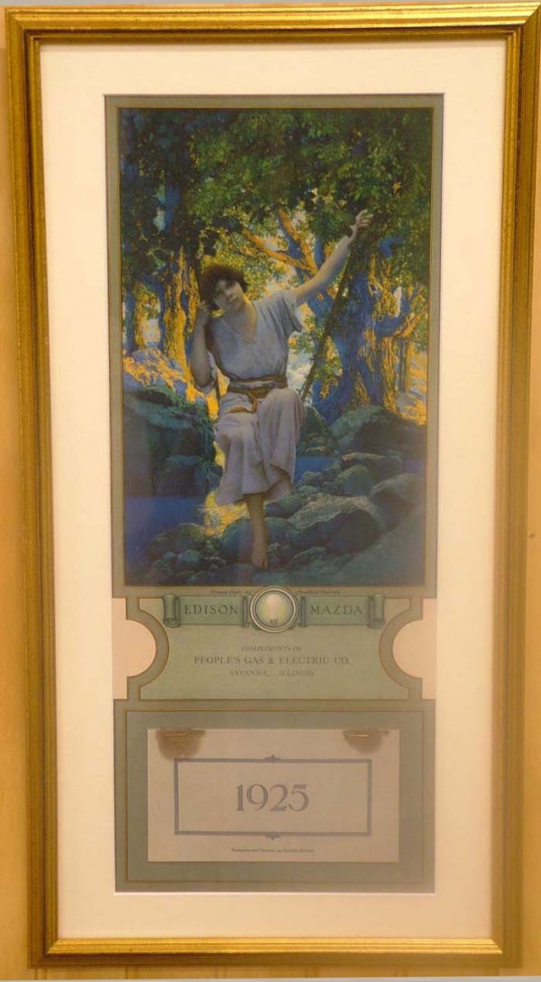 Maxfield Parrish 1925 Calendar - Dream Light: Edison Mazda 1925 Calender with Maxfield Parrish's(1870-1966) illustration titled Dream Light. Calendar for People's Gas & Electric Co. Discoloration around stapled area on calendar. Framed measures 1