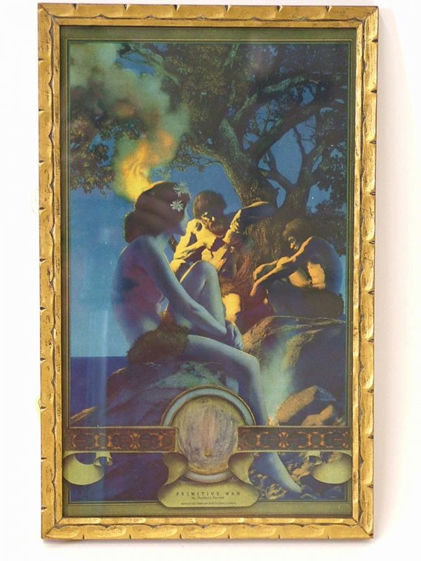 Maxfield Parrish Print - Primitive Man: Maxfield Parrish (1870-1966) print titled Primitive Man in period frame measures 7 1/2" x 12". Colors are crisp. Not examined out of frame. White spots are glare from camera.