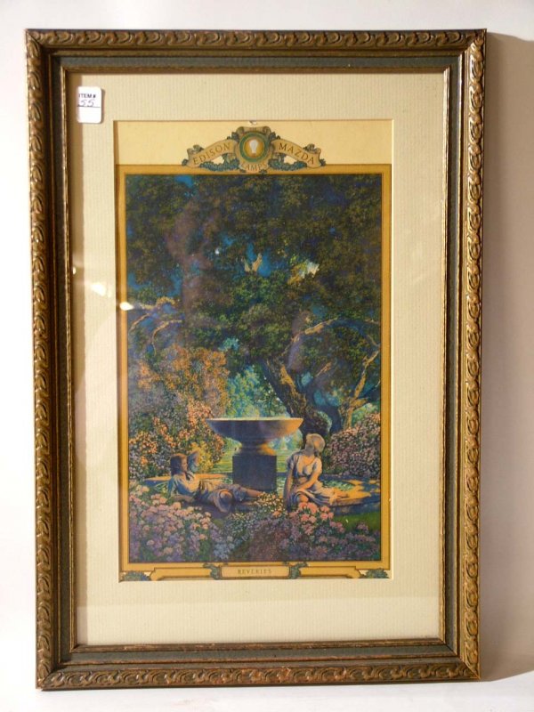 Maxfield Parrish (1870-1966) Reveries Calendar: Mazda Edison calendar top with print by Maxfield Parrish titled Reveries in period frame measures 11.5" x 16.5". Crisp colors. Not examined out of frame.