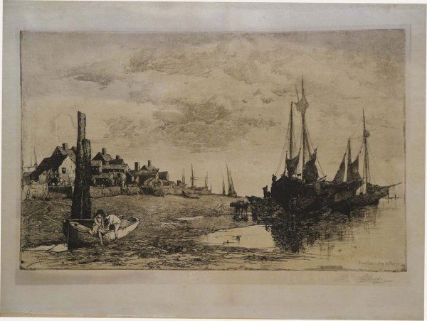 Stephen Parrish Etching - Low Tide of Bundy: Stephen Parrish (1846-1938) Low Tide Bay of Fundy painting on silk, ca. 1880, plate signed and titled, also signed in pencil. Unframed measures 22" x 16".